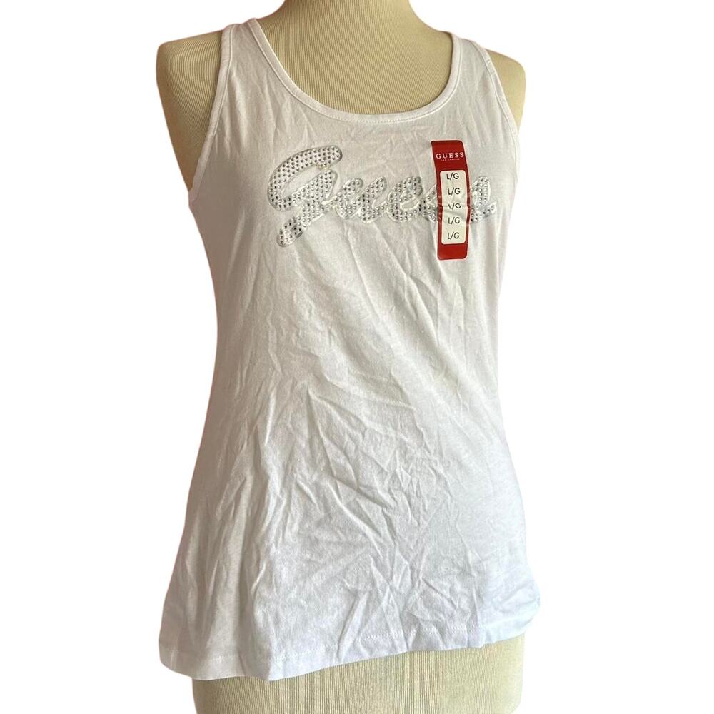 Womens Top Size Large White Classic Vacation Resort Packable Bling Shiny Guess